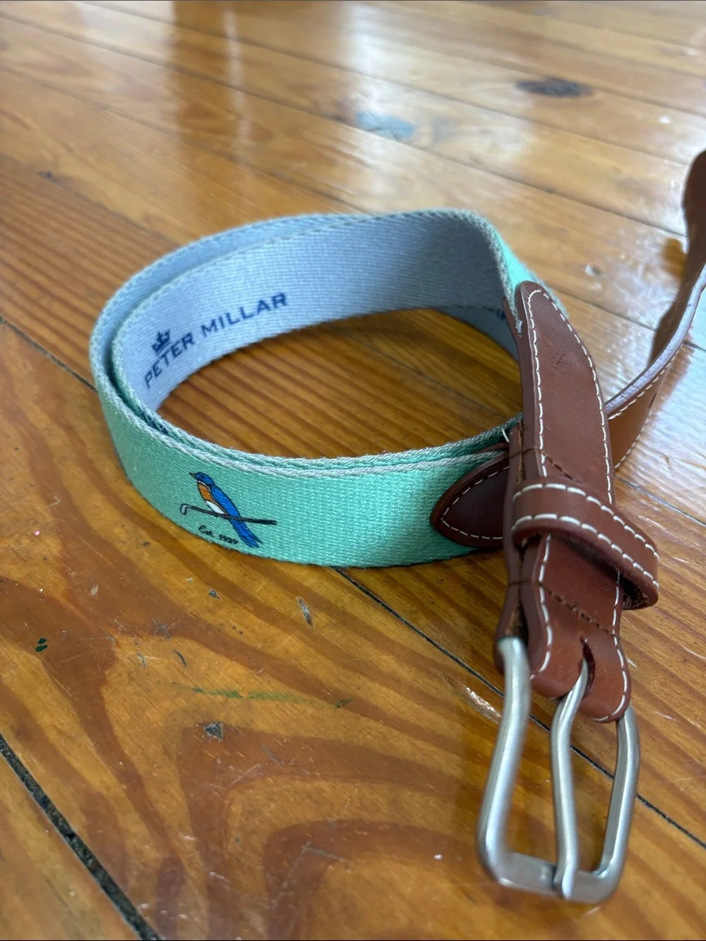 Peter Millar Green Golf belt with Brown Leather Accents size 38